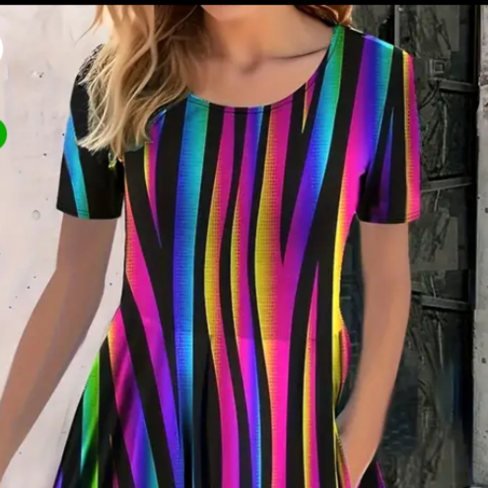 RAINBOW DRESS SHORT SLEEVE ROUND NECK 48 IN LONG PLUS SIZE ONE SIZE 2X-5X SWING